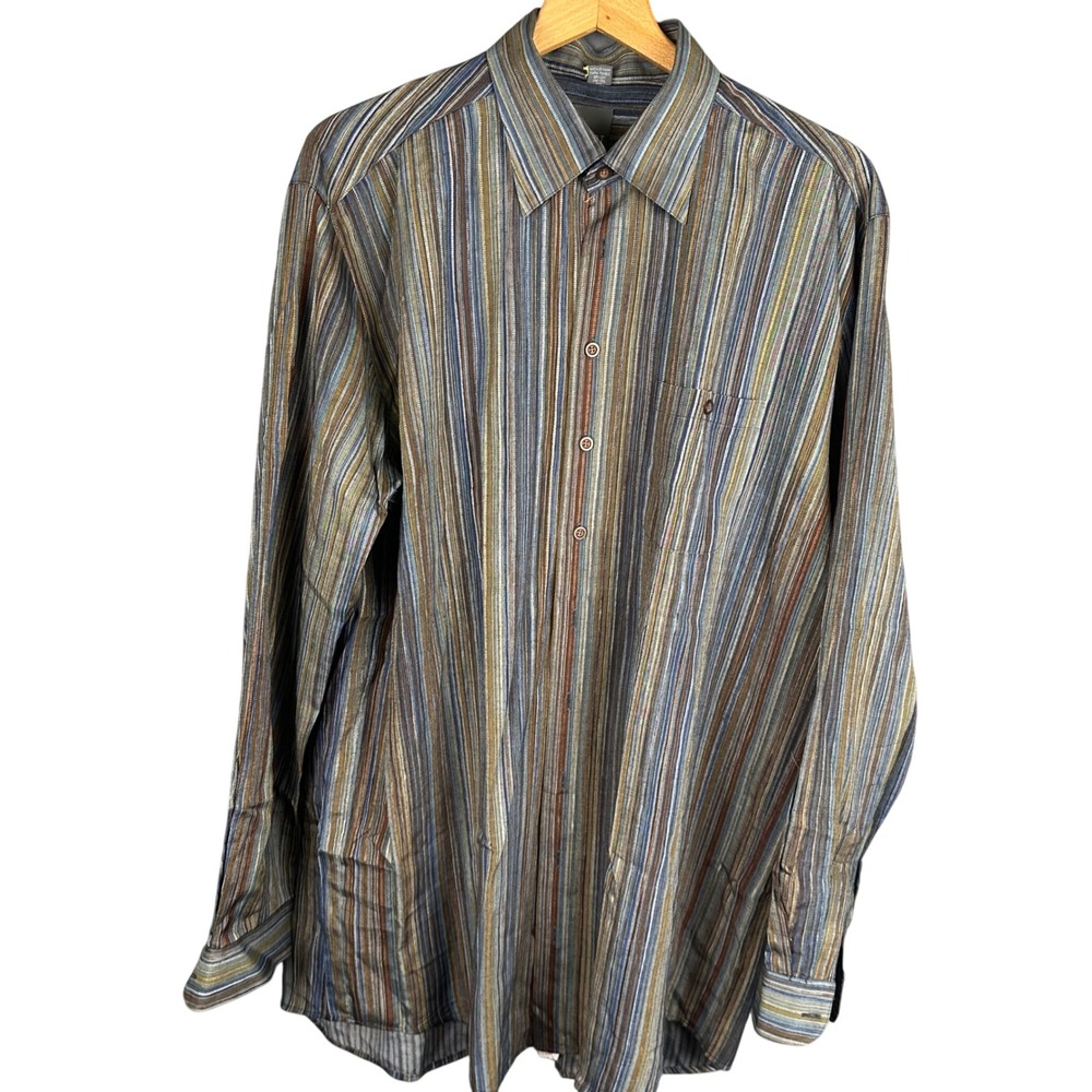 Haupt Mens XLT Multi Color Vertical Stripe Button Down Shirt Earth Tones Blue
